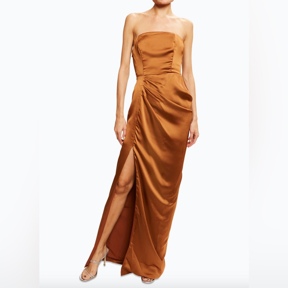 Ramy Brook Farima Strapless High Slit Satin Gown Dress Copper 6